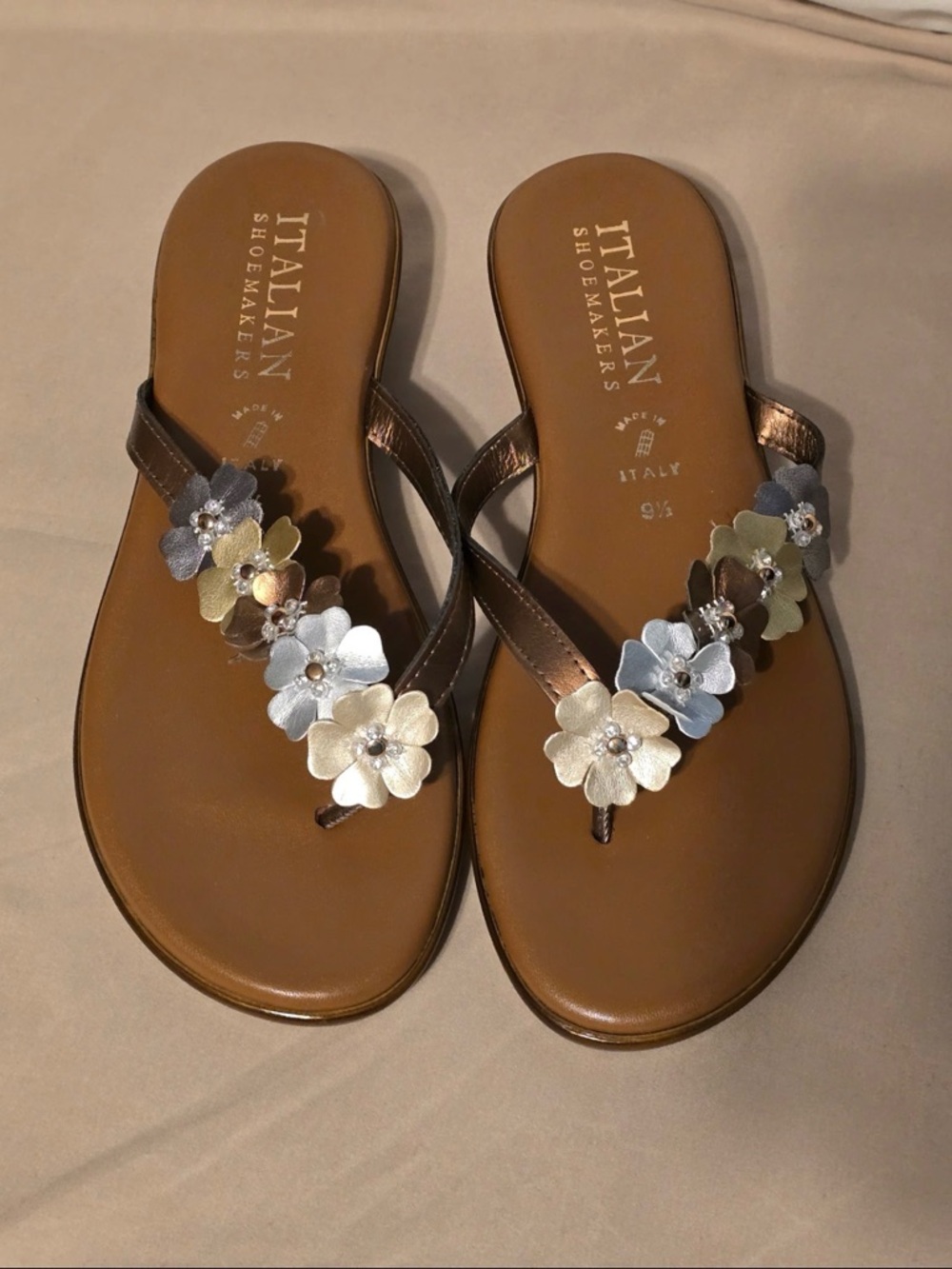 Italian Shoemakers Brown Sandals with Multicolor Metallic Floral Accents
